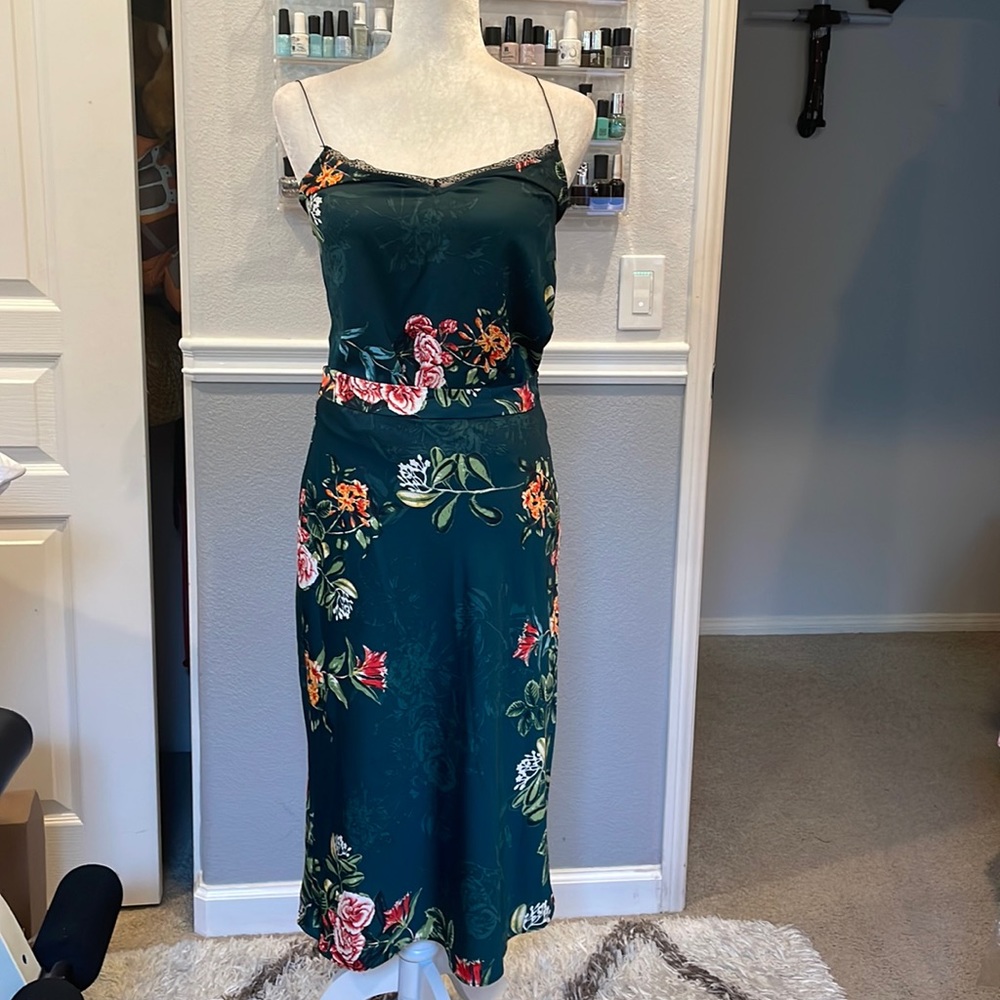 BCBG Dark Teal Floral Two Piece Midi Skirt Set